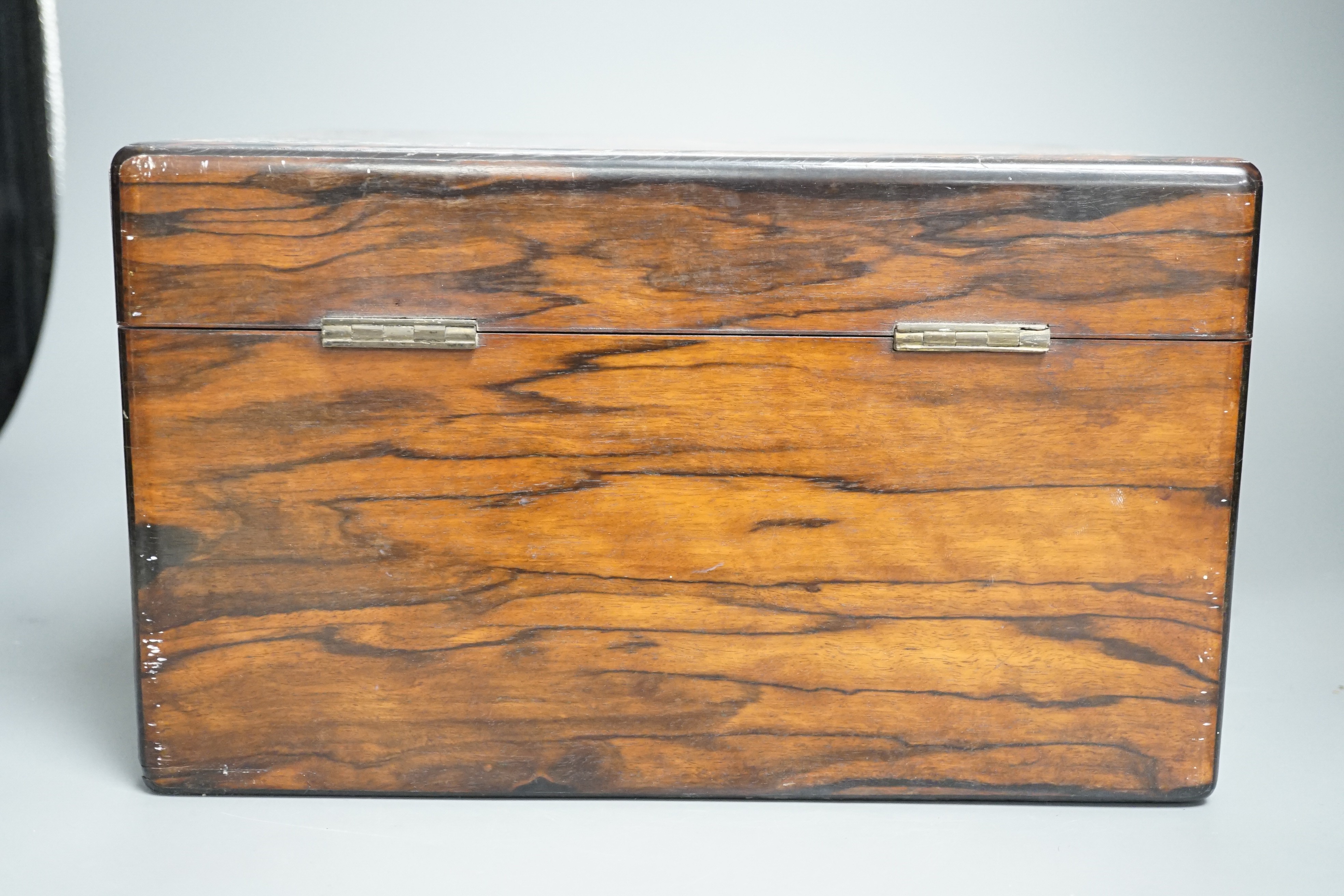 An early Victorian mother of pearl inlaid calamander wood toilet box. Width 28.5cm